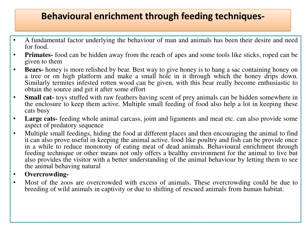 behavioural enrichment through feeding techniques