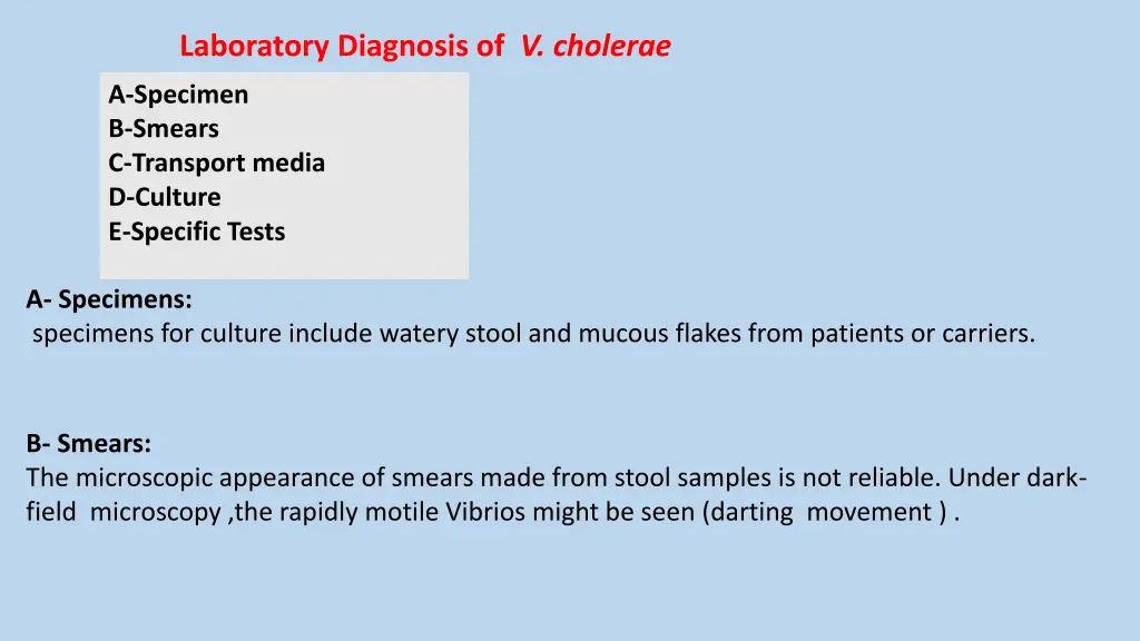 laboratory diagnosis of v cholerae