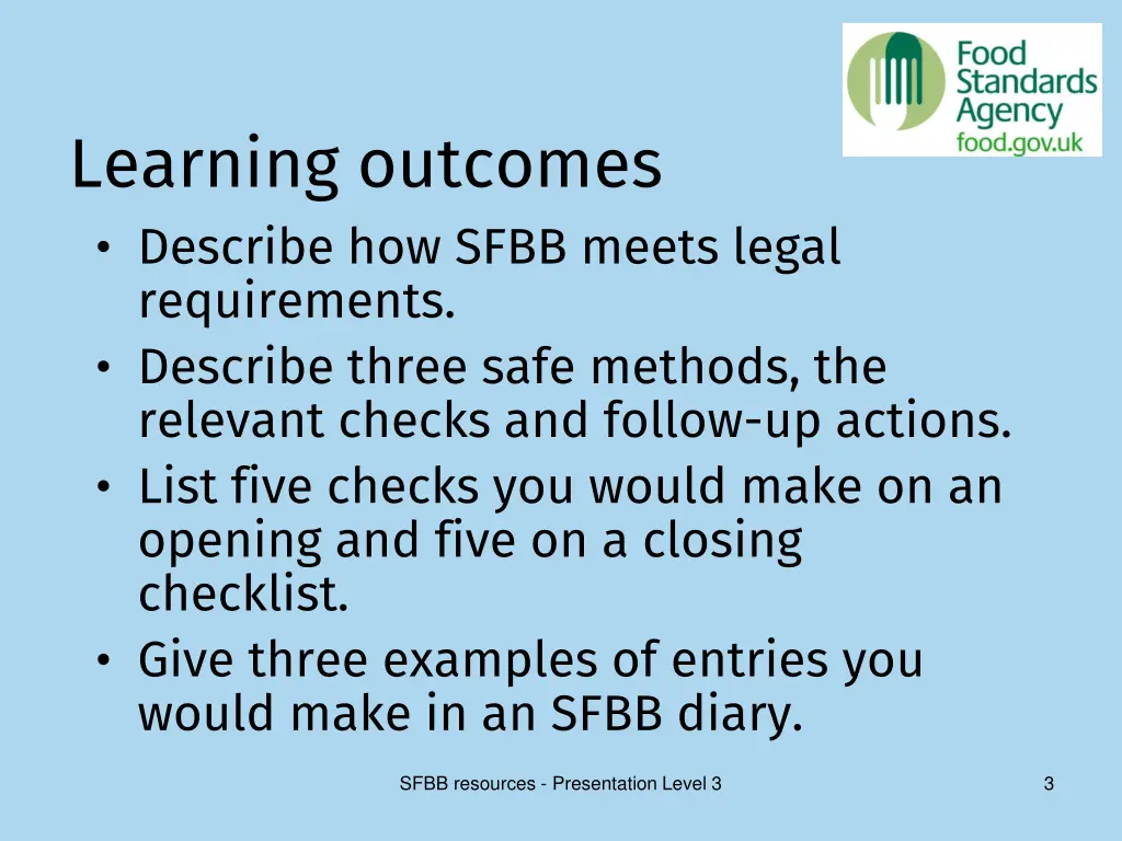 learning outcomes describe how sfbb meets legal