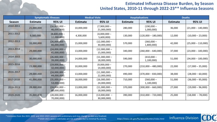 estimated influenza disease burden by season