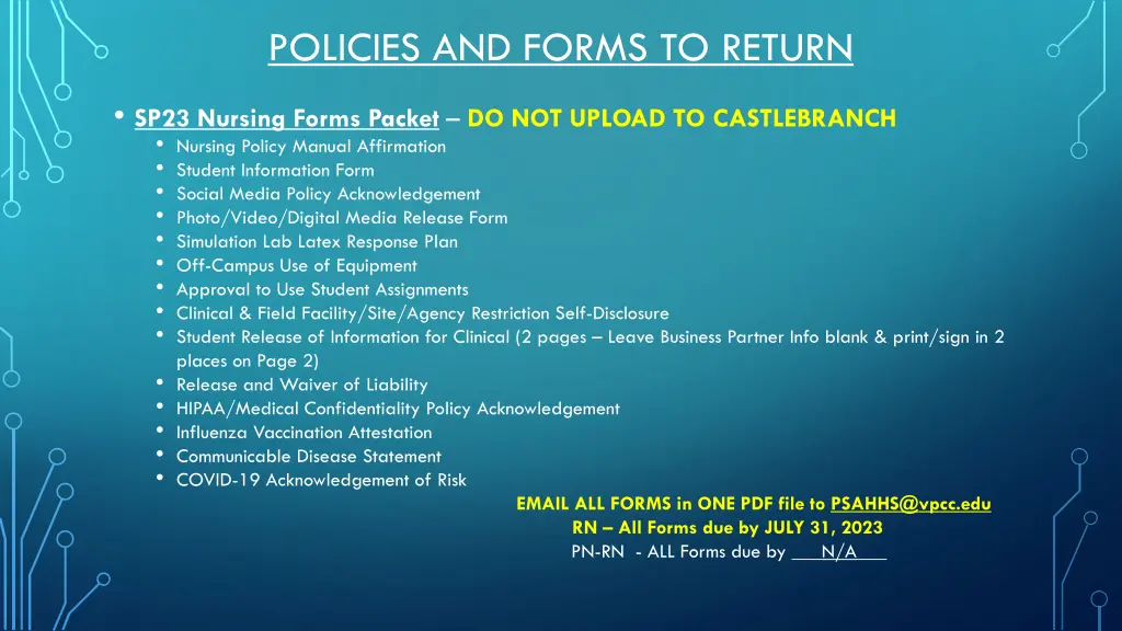 policies and forms to return
