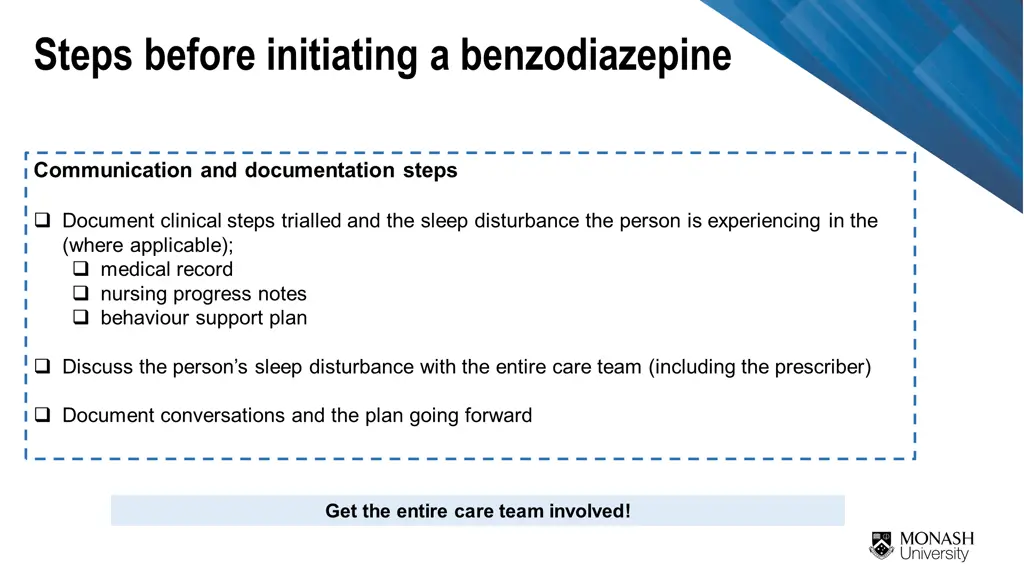 steps before initiating a benzodiazepine