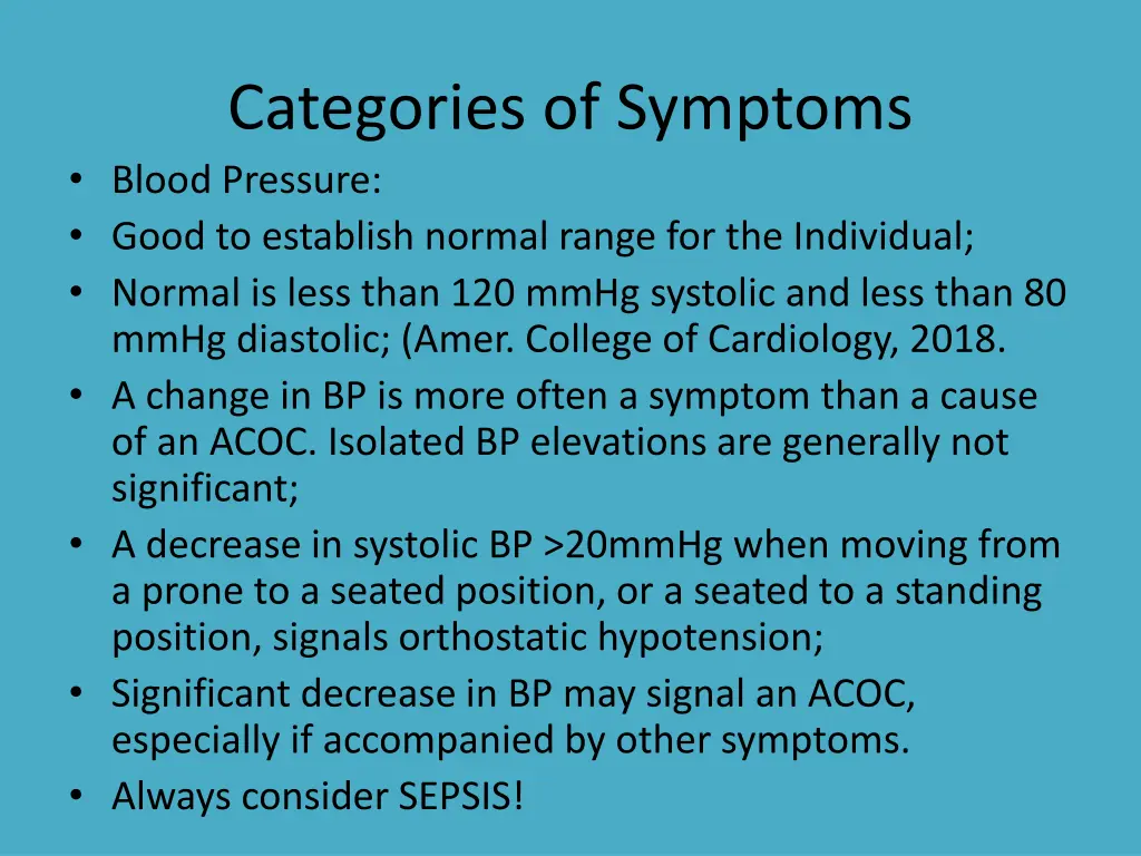 categories of symptoms blood pressure good