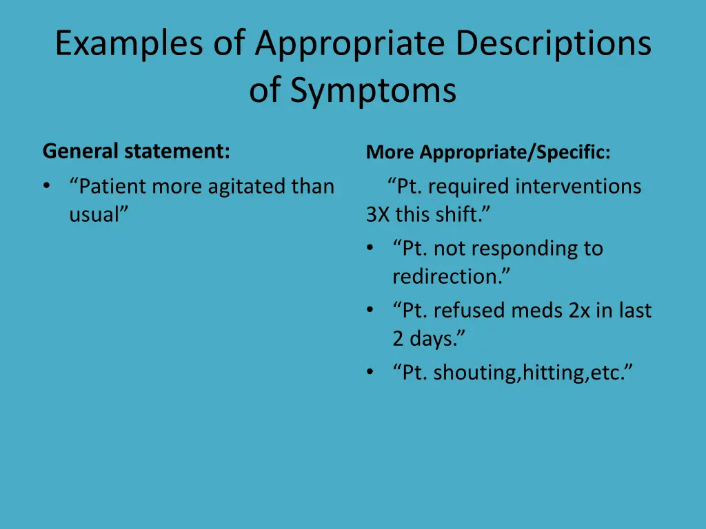 examples of appropriate descriptions of symptoms