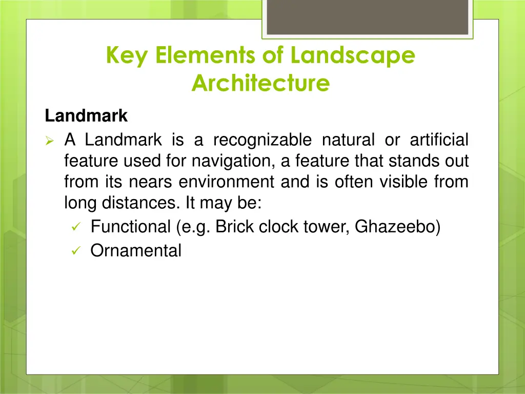 key elements of landscape architecture landmark