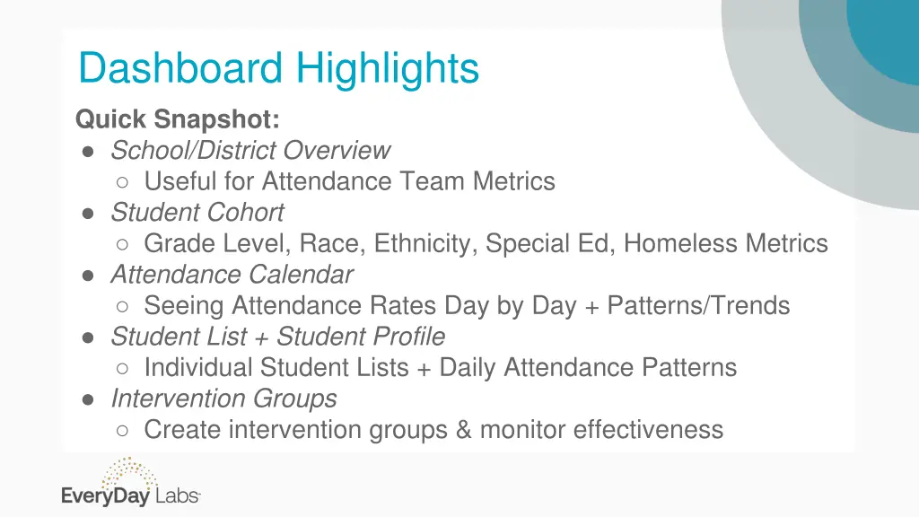 dashboard highlights quick snapshot school