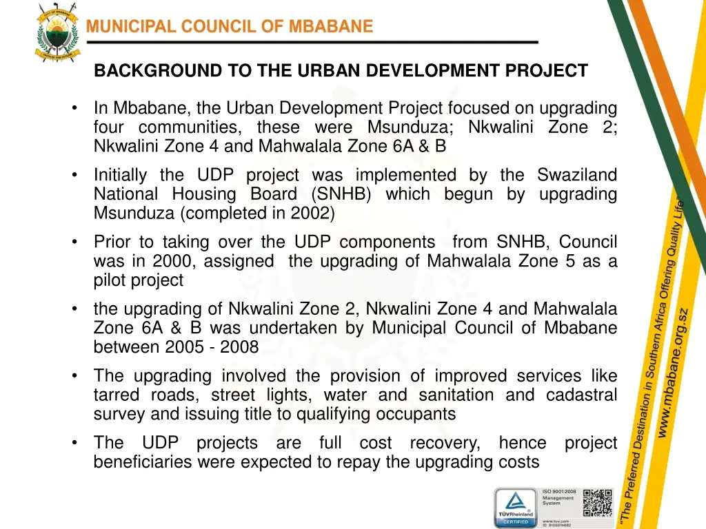 background to the urban development project