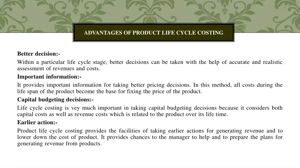 advantages of product life cycle costing