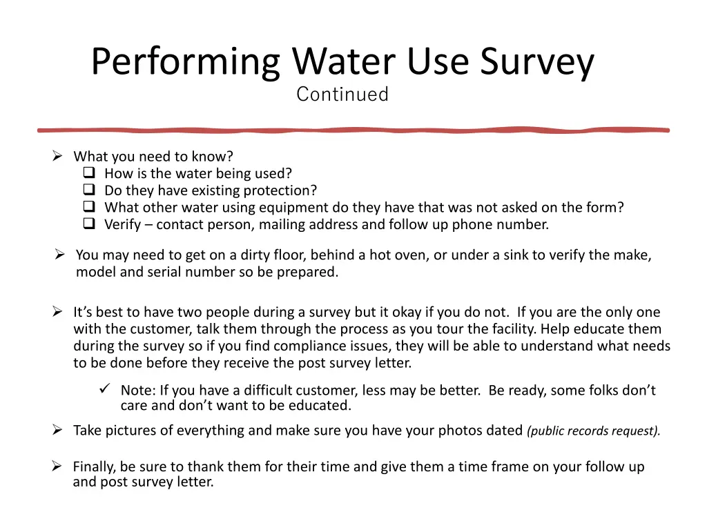 performing water use survey continued