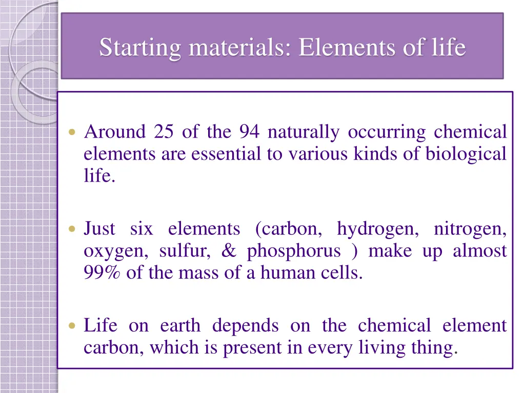 starting materials elements of life