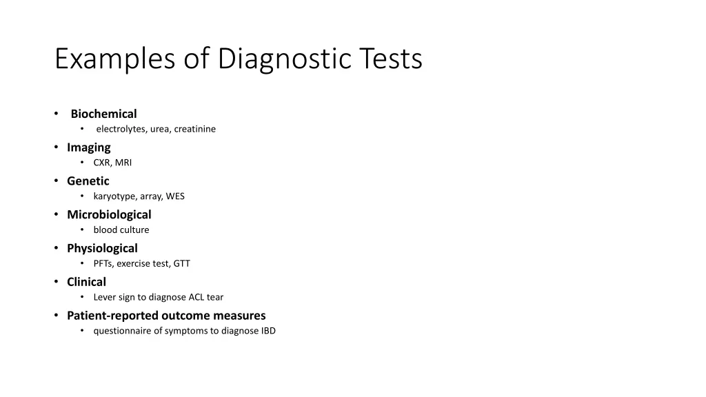 examples of diagnostic tests