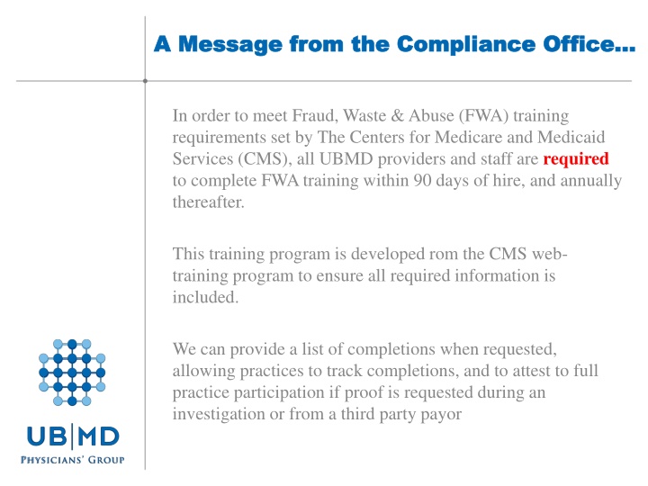 a a message from the compliance office message