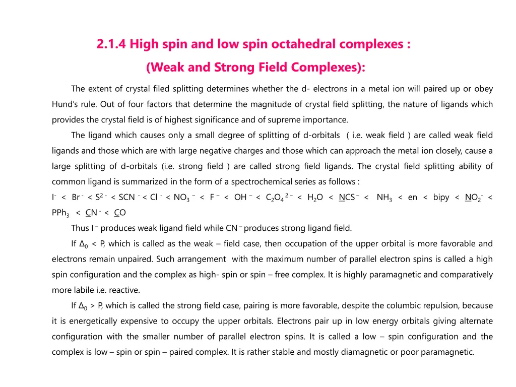 2 1 4 high spin and low spin octahedral complexes