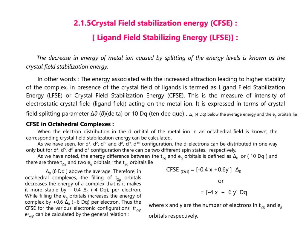 2 1 5crystal field stabilization energy cfse