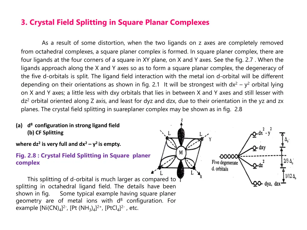 3 crystal field splitting in square planar