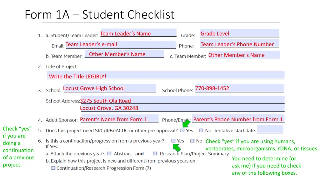 form 1a student checklist