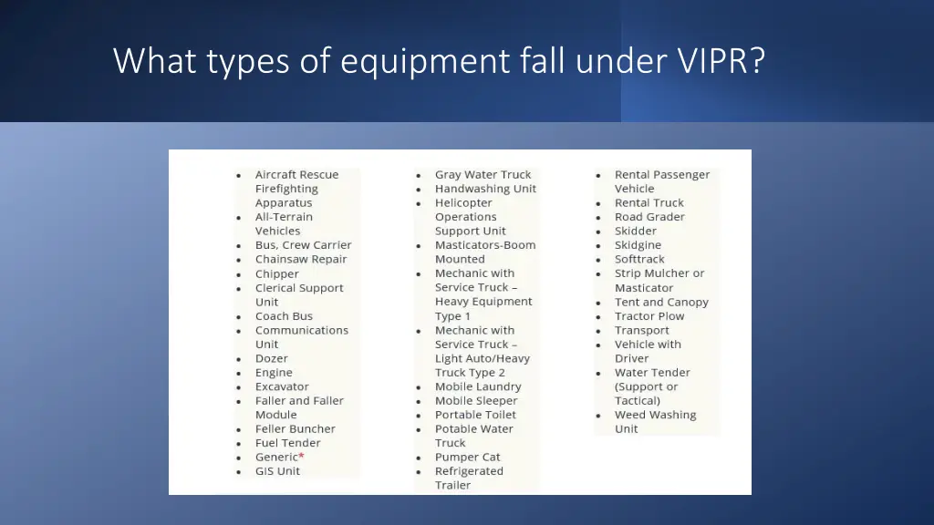 what types of equipment fall under vipr