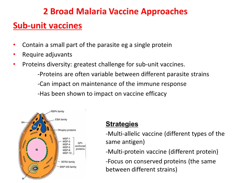 2 broad malaria vaccine approaches sub unit