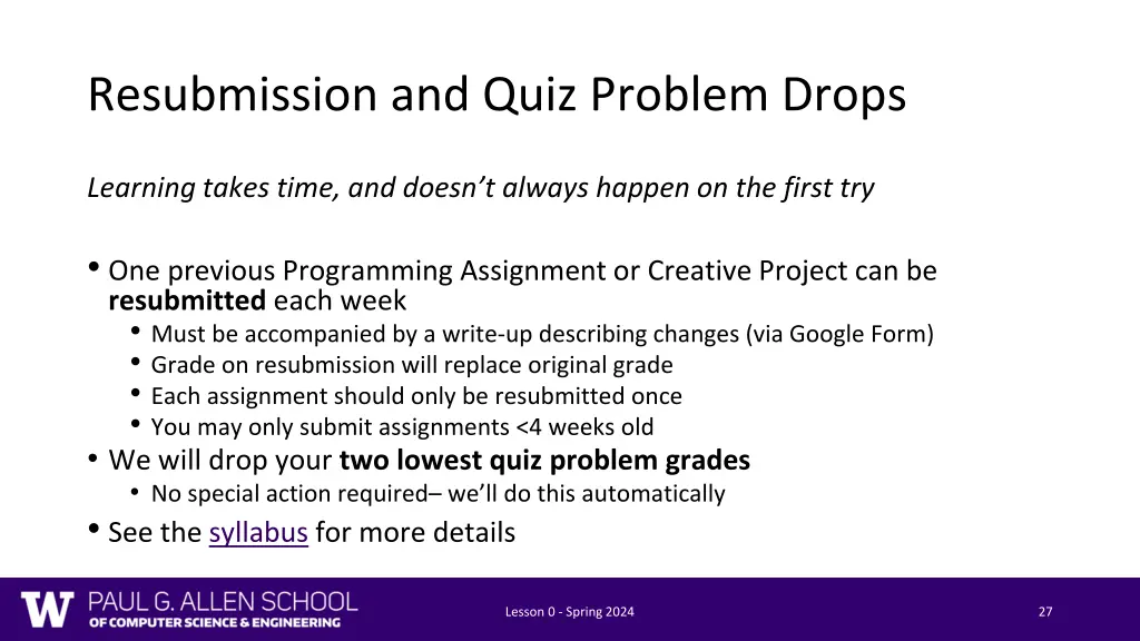 resubmission and quiz problem drops