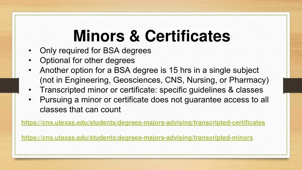 minors certificates only required for bsa degrees