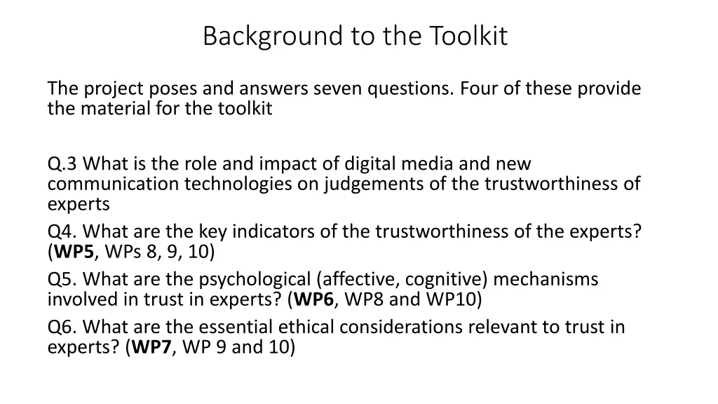 background to the toolkit