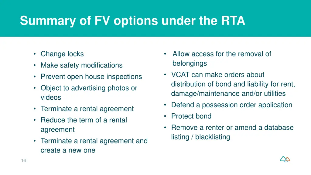 summary of fv options under the rta