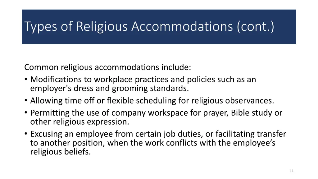 types of religious accommodations cont