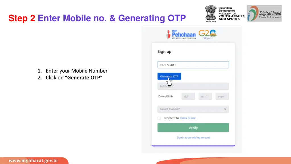 step 2 enter mobile no generating otp