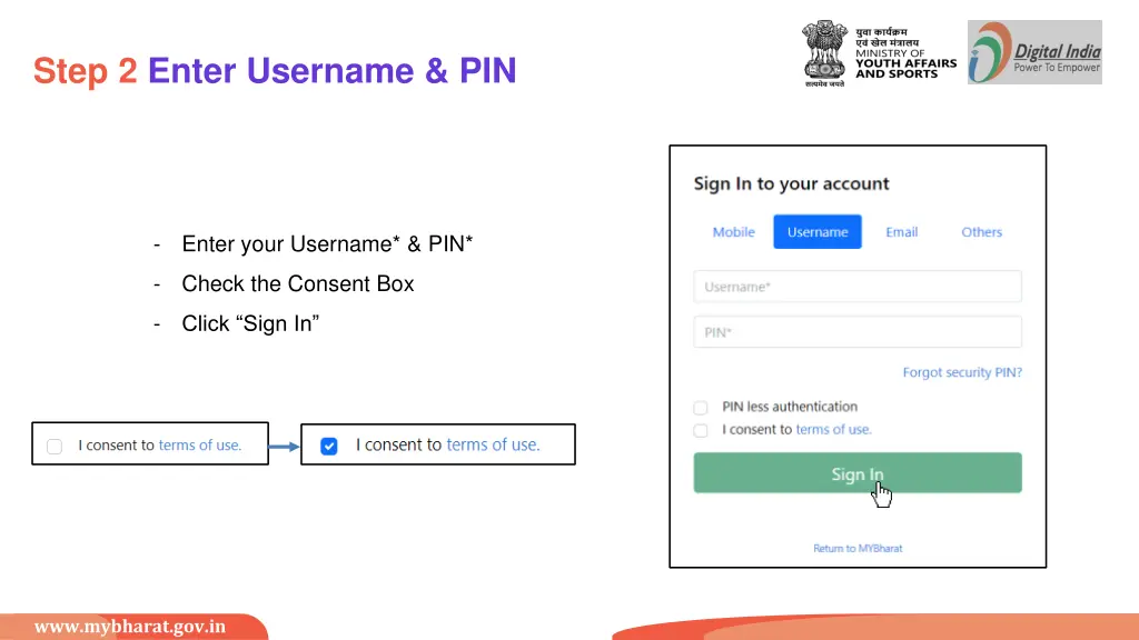 step 2 enter username pin