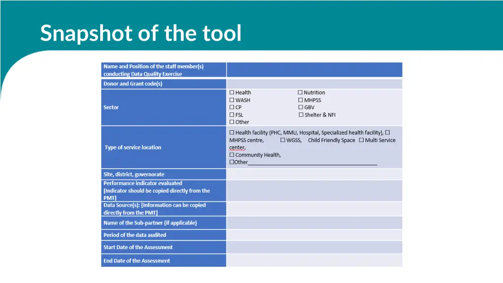 snapshot of the tool