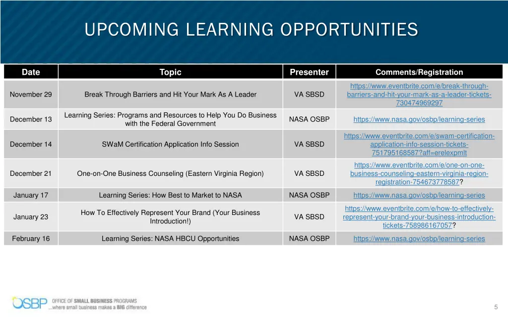 upcoming learning opportunities