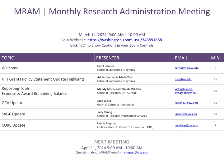 mram monthly research administration meeting