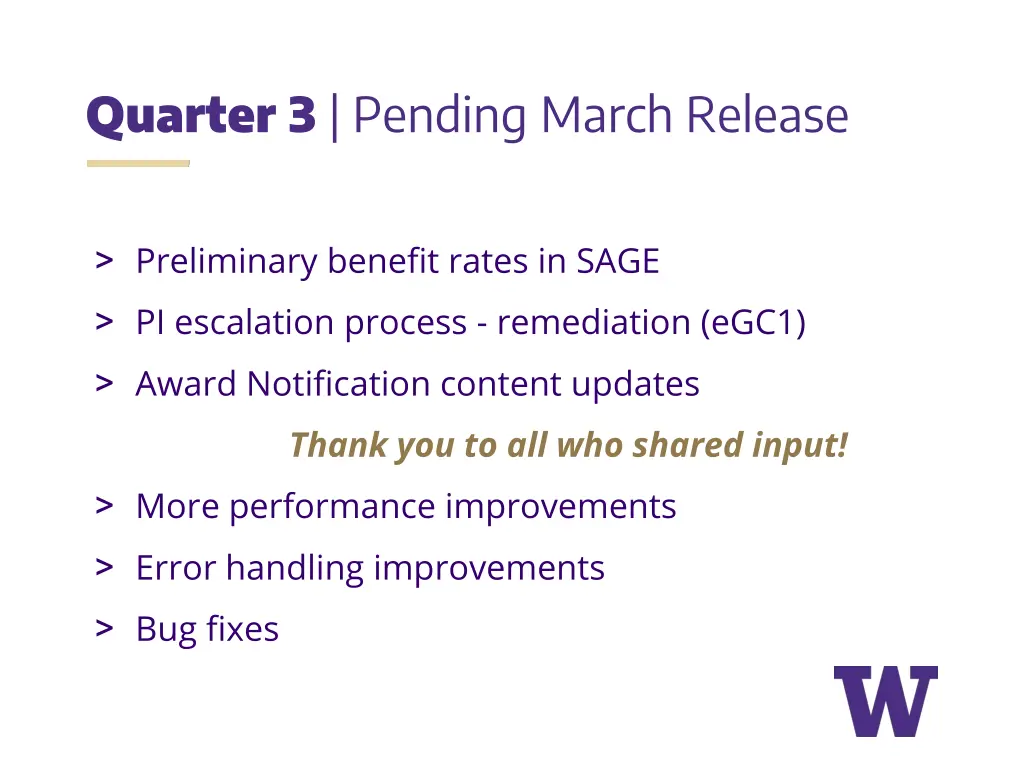 quarter 3 pending march release