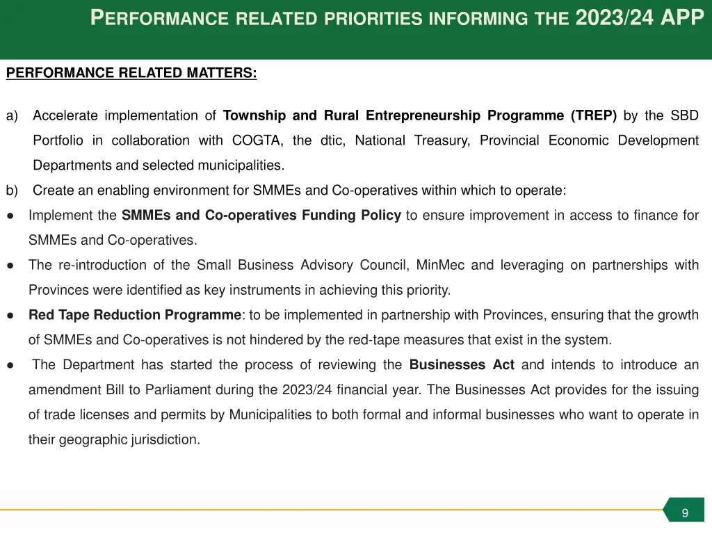 p erformance related priorities informing