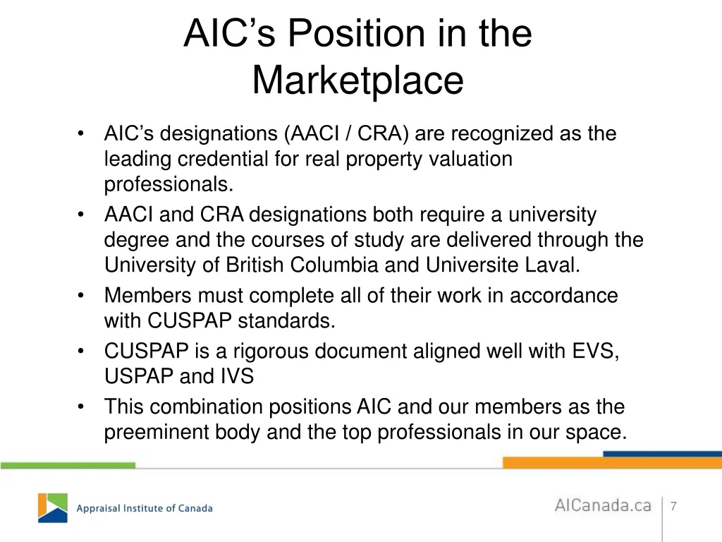 aic s position in the marketplace