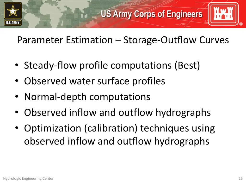 parameter estimation storage outflow curves