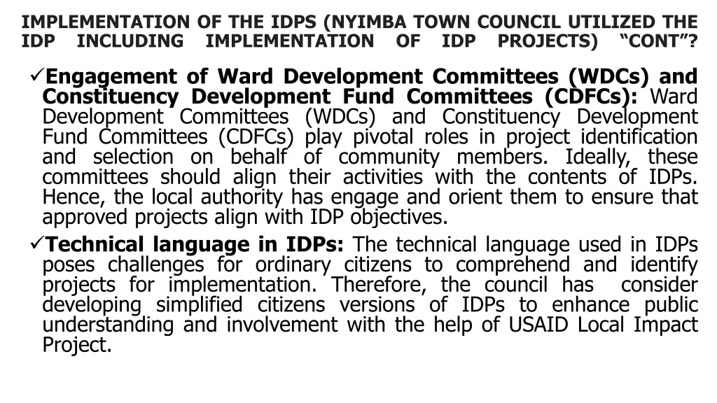 implementation of the idps nyimba town council 1