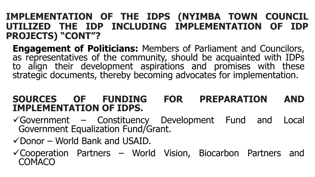 implementation of the idps nyimba town council 2