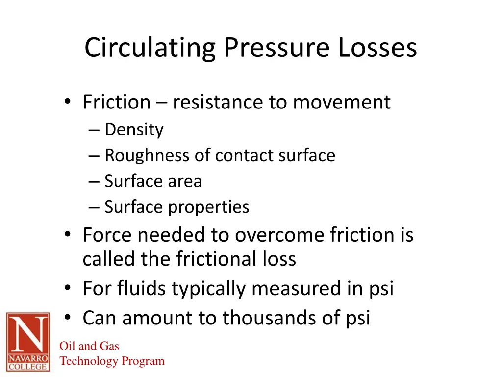 circulating pressure losses