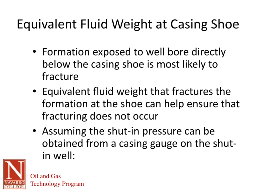 equivalent fluid weight at casing shoe