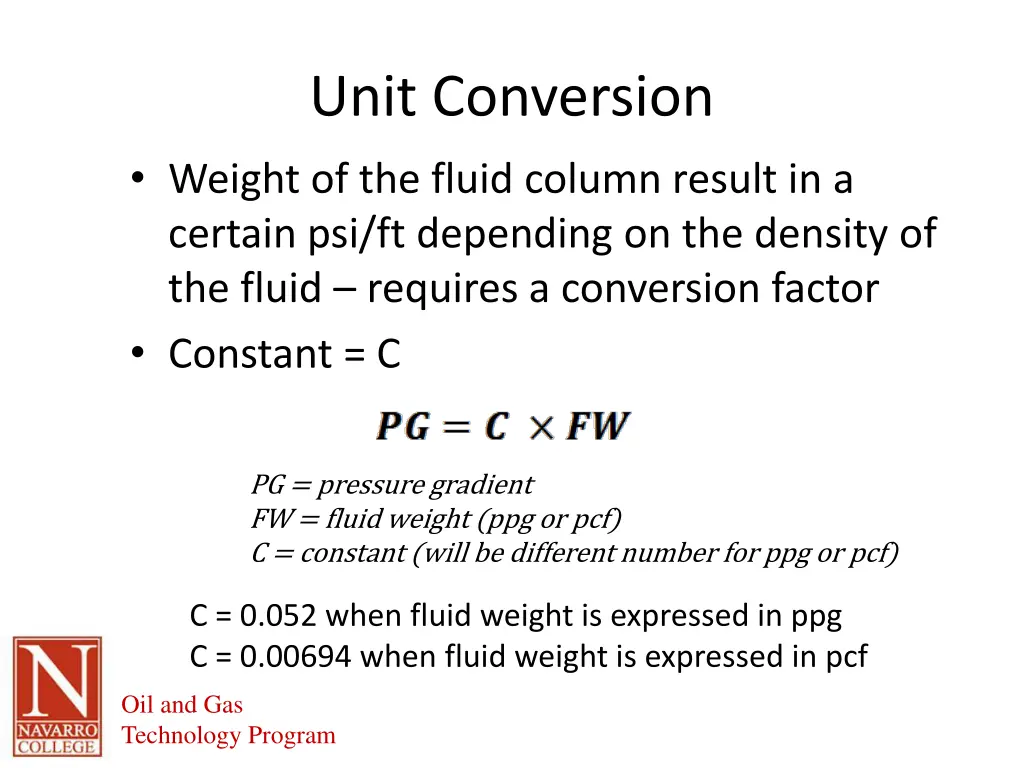 unit conversion weight of the fluid column result