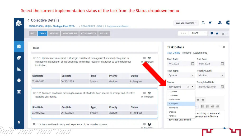 select the current implementation status