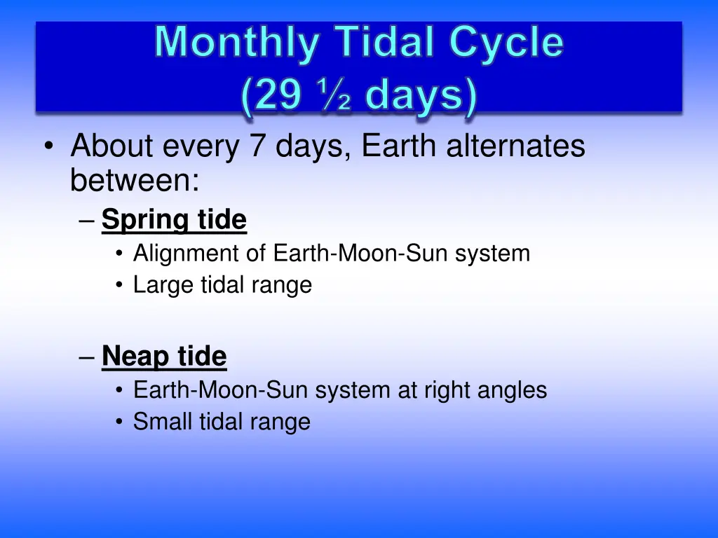 monthly tidal cycle 29 days about every 7 days