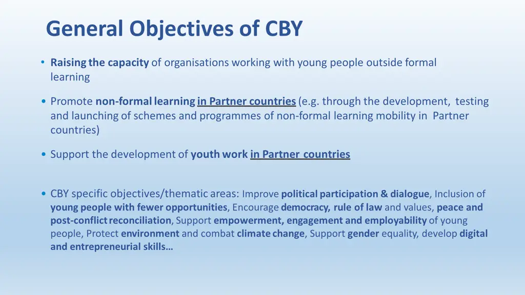 general objectives of cby