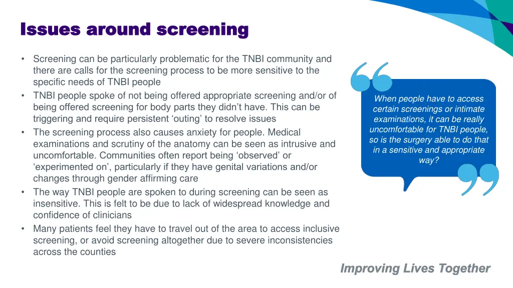 issues around screening issues around screening