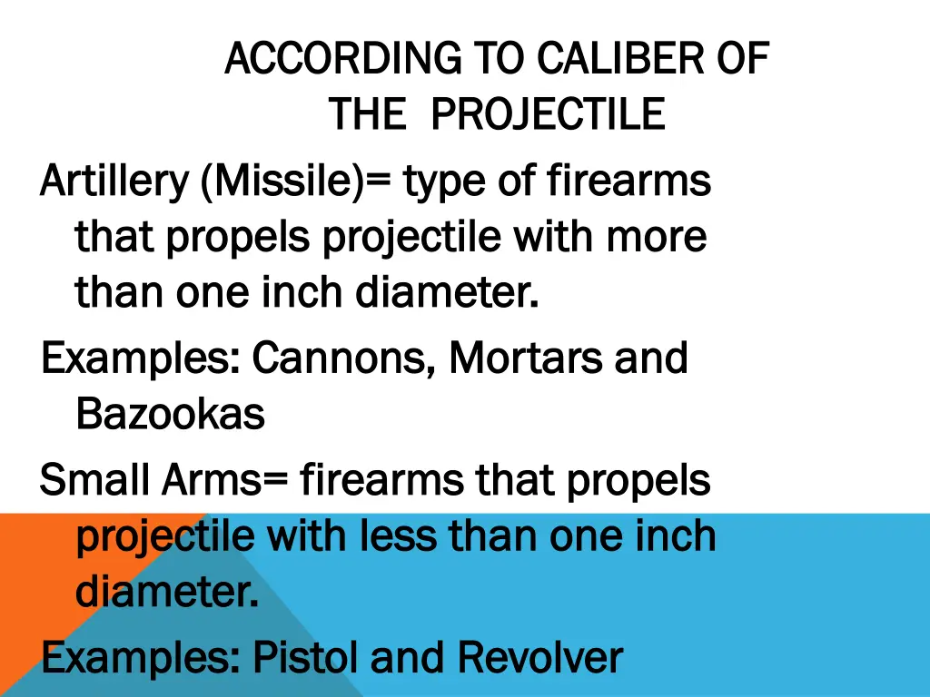 according to caliber of according to caliber