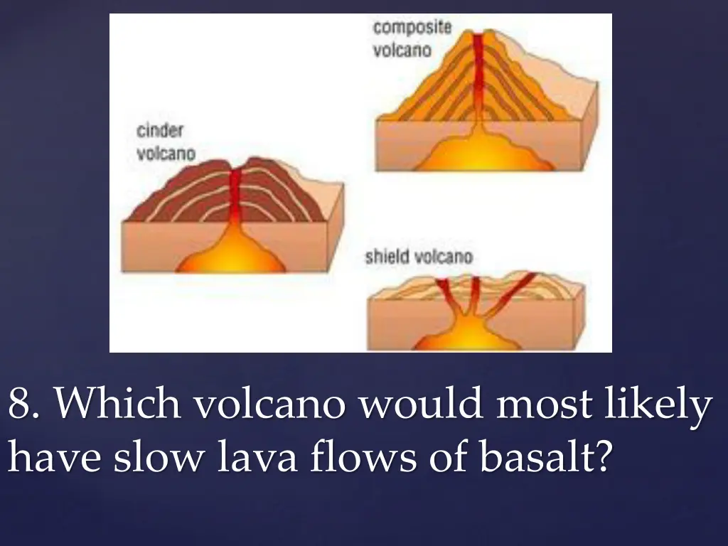 8 which volcano would most likely have slow lava