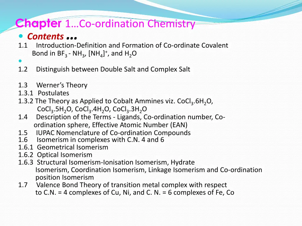 chapter 1 co ordination chemistry contents