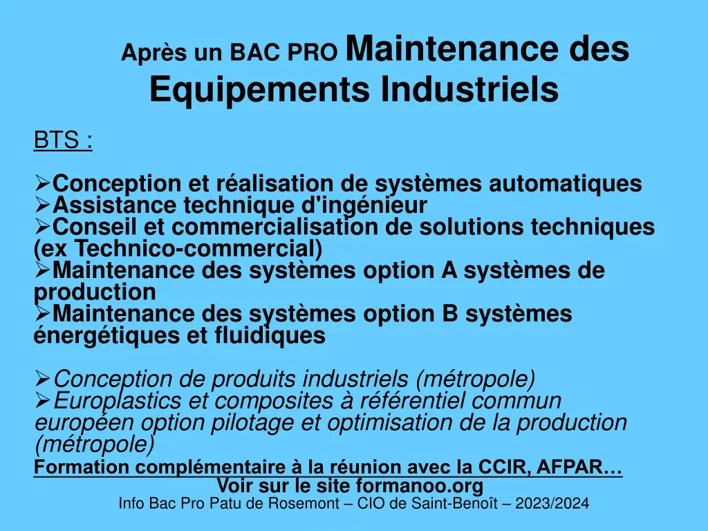 apr s un bac pro maintenance des equipements