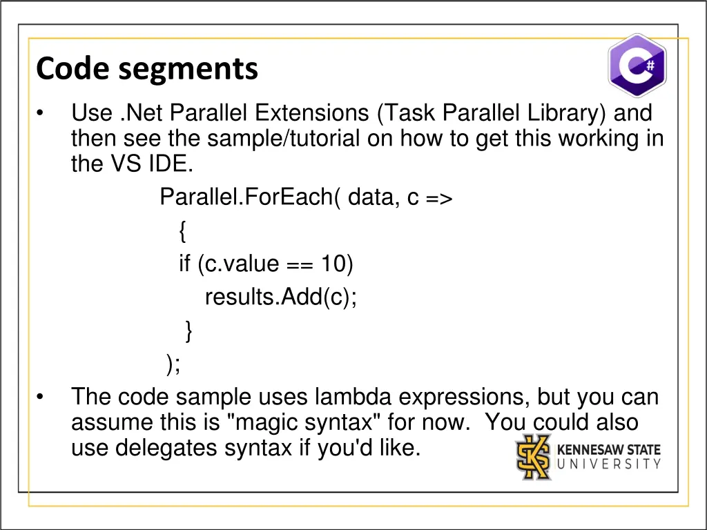 code segments use net parallel extensions task